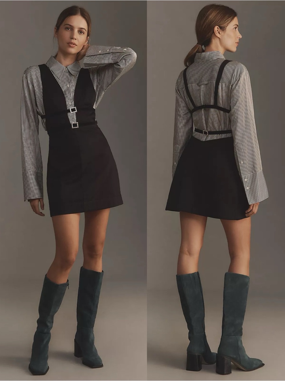 NWT Anthropologie Maeve Glam Buckle Pinafore Mini Dress Black